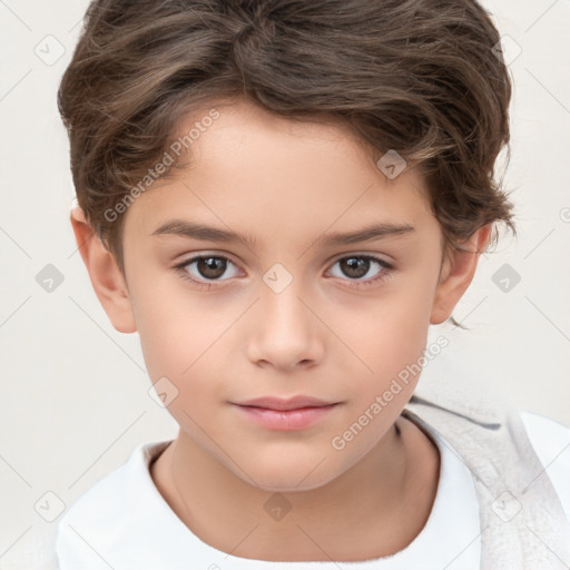 Joyful white child female with short  brown hair and brown eyes