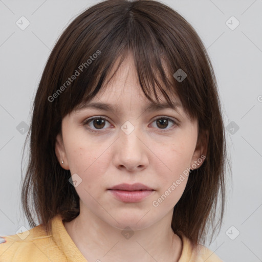 Neutral white young-adult female with medium  brown hair and brown eyes