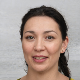 Joyful white adult female with medium  brown hair and brown eyes