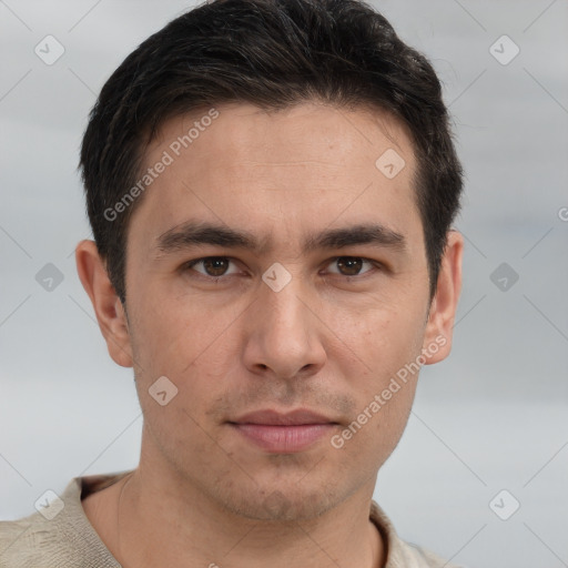 Neutral white young-adult male with short  brown hair and grey eyes