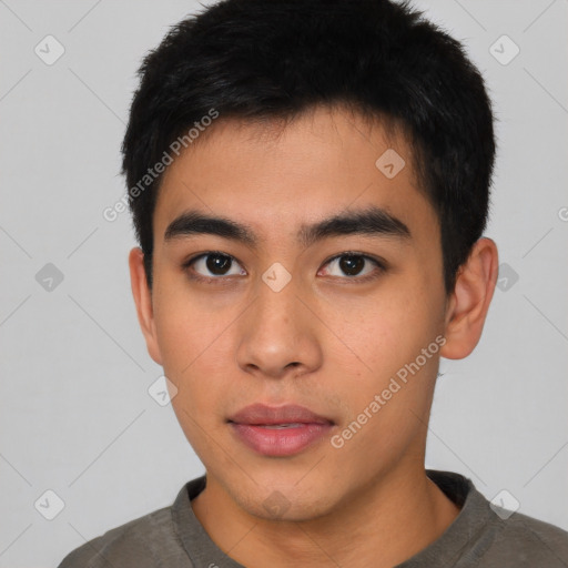 Neutral asian young-adult male with short  black hair and brown eyes