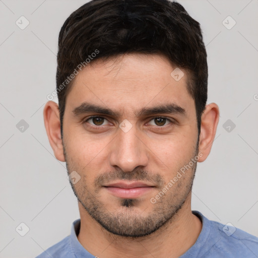 Neutral white young-adult male with short  brown hair and brown eyes