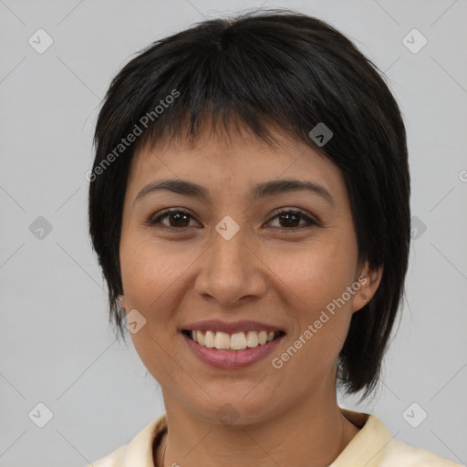 Joyful white young-adult female with medium  brown hair and brown eyes