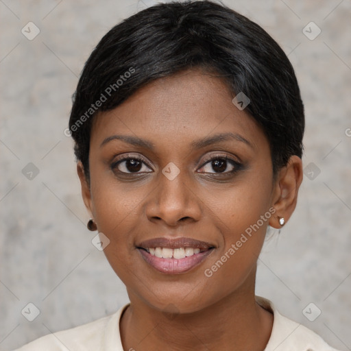 Joyful asian young-adult female with short  black hair and brown eyes