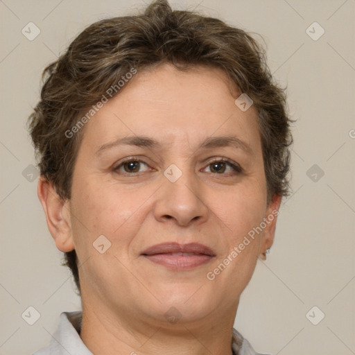 Joyful white adult female with short  brown hair and brown eyes