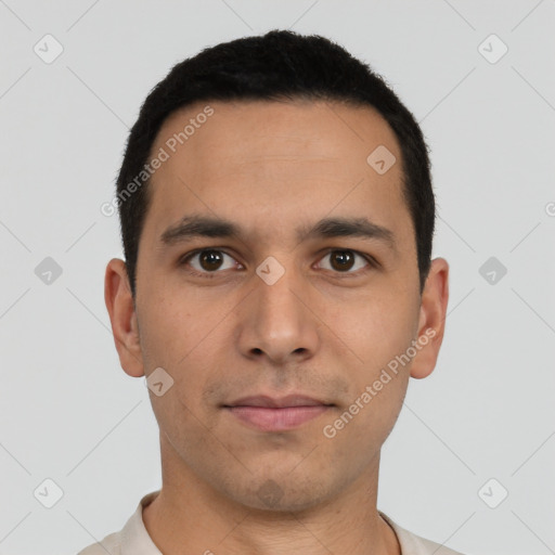 Neutral latino young-adult male with short  black hair and brown eyes