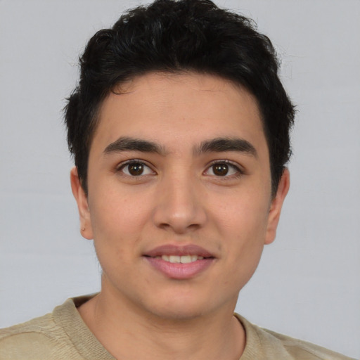 Joyful asian young-adult male with short  brown hair and brown eyes