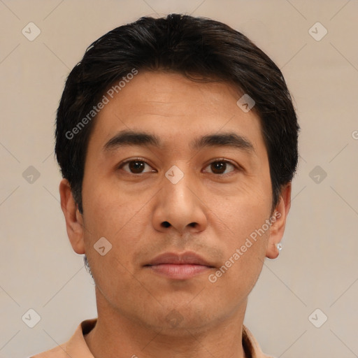 Neutral asian young-adult male with short  black hair and brown eyes