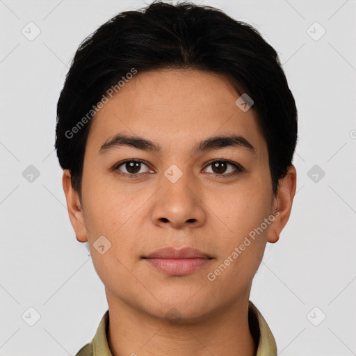 Neutral latino young-adult male with short  brown hair and brown eyes