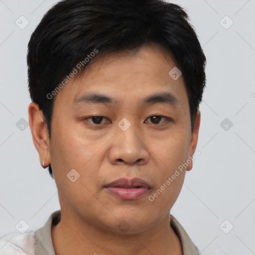 Neutral asian young-adult male with short  brown hair and brown eyes