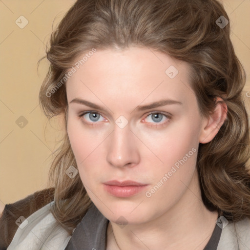 Neutral white young-adult female with medium  brown hair and grey eyes