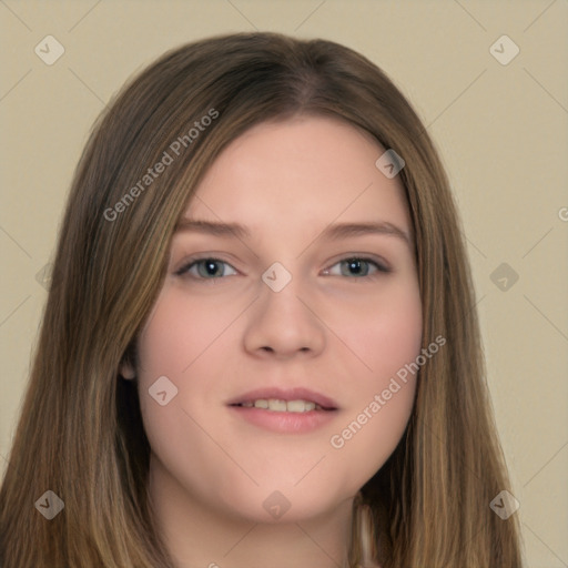 Neutral white young-adult female with long  brown hair and brown eyes