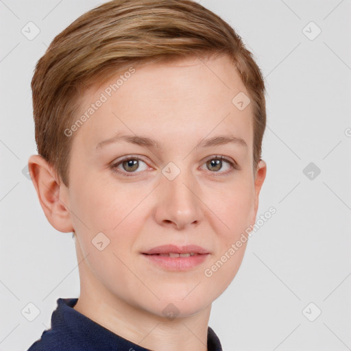 Joyful white young-adult female with short  brown hair and grey eyes