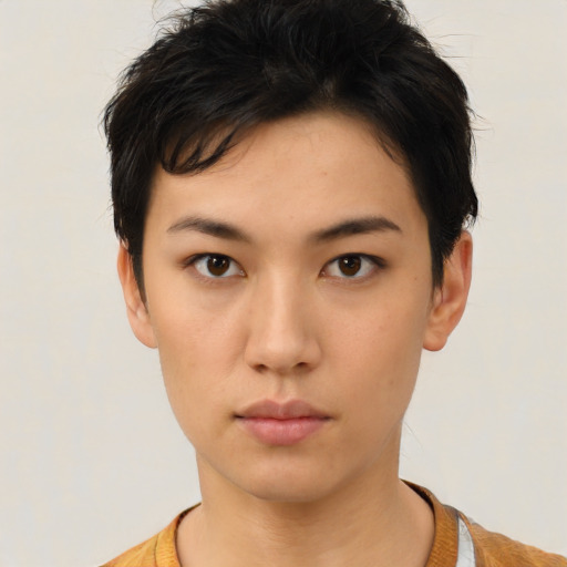 Neutral asian young-adult female with short  black hair and brown eyes