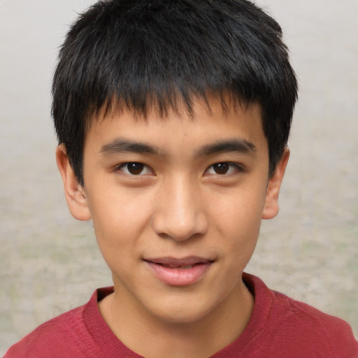 Joyful asian child male with short  brown hair and brown eyes
