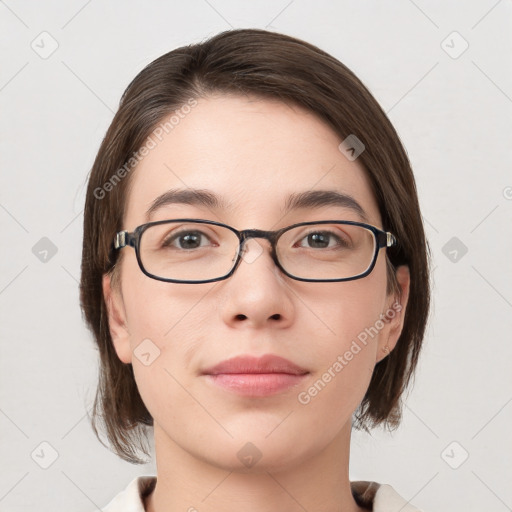 Neutral white young-adult female with medium  brown hair and grey eyes