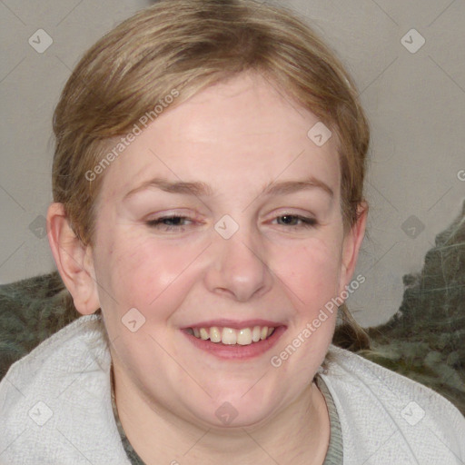 Joyful white young-adult female with medium  brown hair and blue eyes