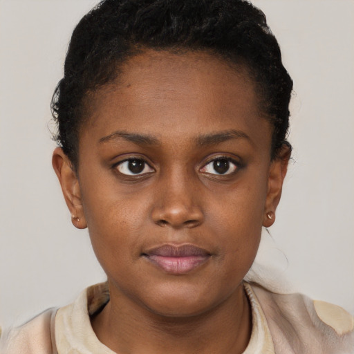 Neutral black young-adult female with short  brown hair and brown eyes
