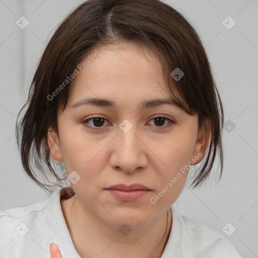 Neutral white young-adult female with medium  brown hair and brown eyes