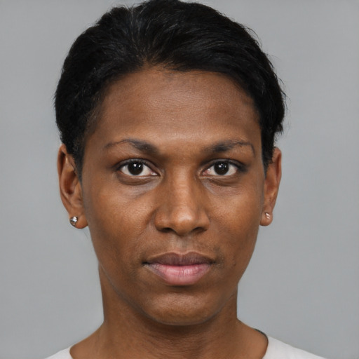 Neutral black young-adult female with short  black hair and brown eyes