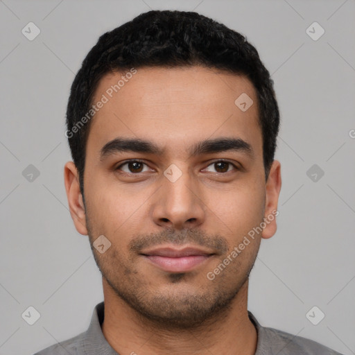 Neutral latino young-adult male with short  black hair and brown eyes