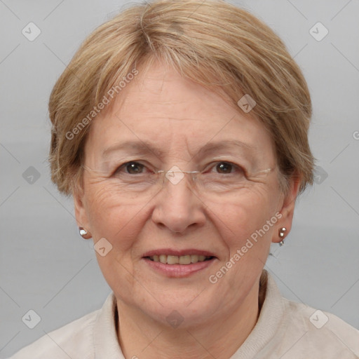 Joyful white middle-aged female with medium  brown hair and brown eyes