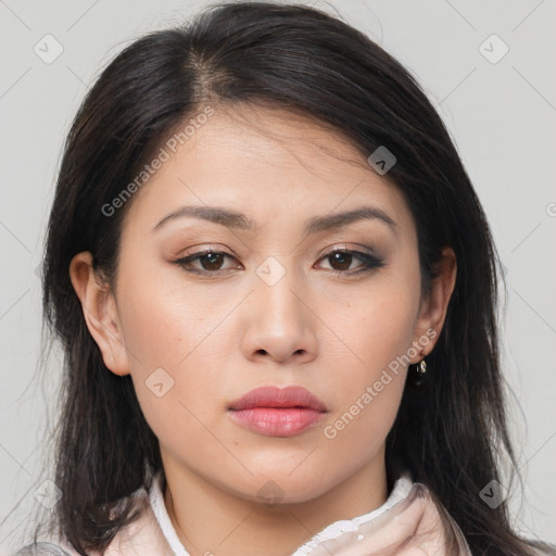 Neutral asian young-adult female with medium  brown hair and brown eyes