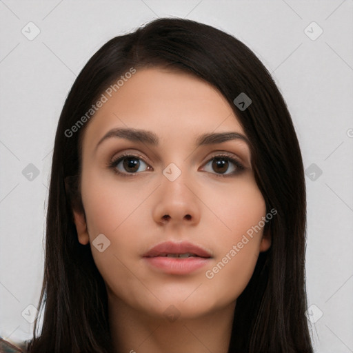 Neutral white young-adult female with long  black hair and brown eyes