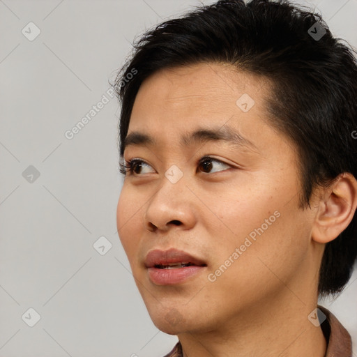 Neutral asian young-adult male with short  brown hair and brown eyes