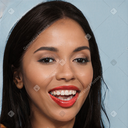 Joyful white young-adult female with long  black hair and brown eyes