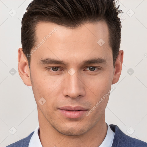 Neutral white young-adult male with short  brown hair and brown eyes