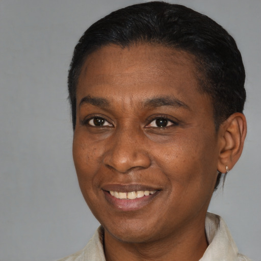 Joyful black adult female with short  brown hair and brown eyes