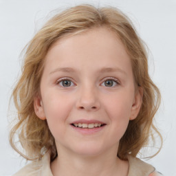 Joyful white child female with medium  brown hair and blue eyes