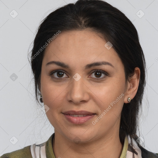 Joyful latino young-adult female with medium  brown hair and brown eyes