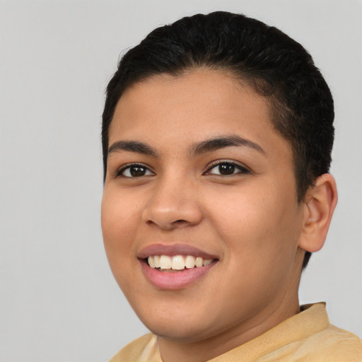 Joyful asian young-adult female with short  brown hair and brown eyes