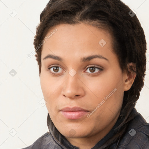 Neutral white young-adult female with short  brown hair and brown eyes