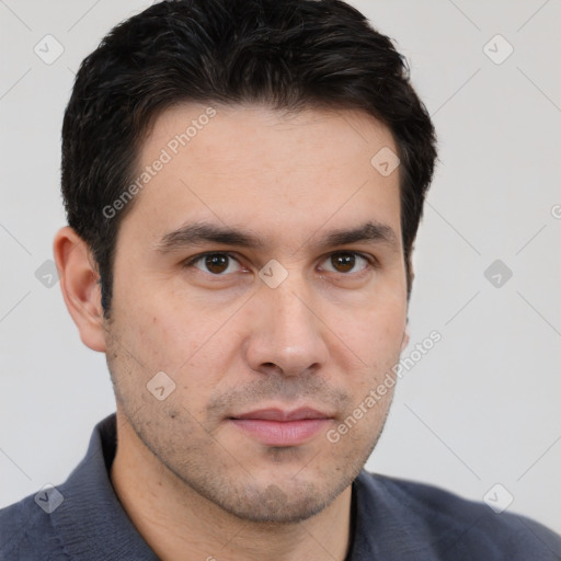 Neutral white young-adult male with short  brown hair and brown eyes