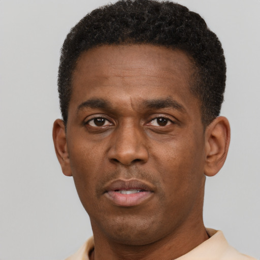 Neutral black young-adult male with short  black hair and brown eyes