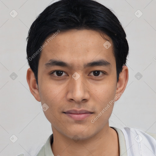 Neutral asian young-adult male with short  black hair and brown eyes