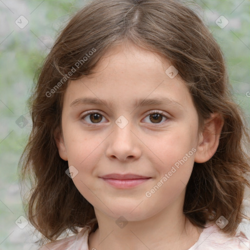 Joyful white child female with medium  brown hair and brown eyes