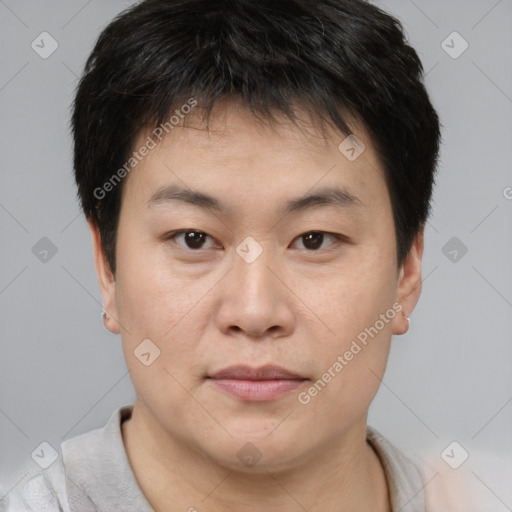 Neutral asian young-adult male with short  brown hair and brown eyes