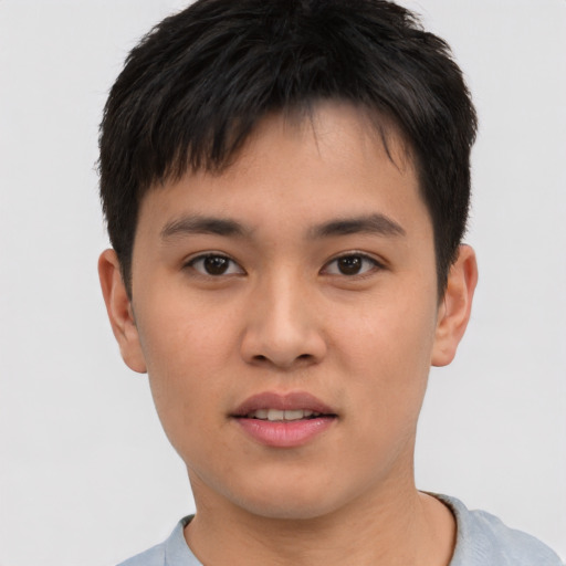 Neutral asian young-adult male with short  brown hair and brown eyes