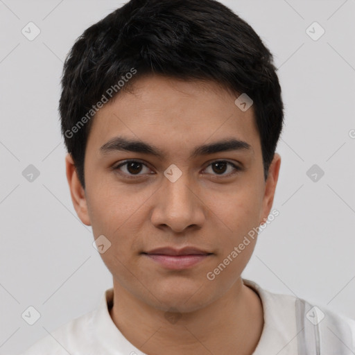 Joyful white young-adult male with short  black hair and brown eyes