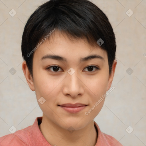 Joyful asian young-adult female with short  brown hair and brown eyes