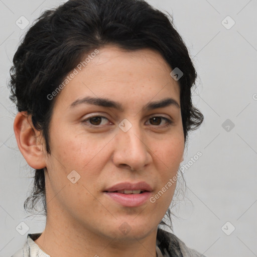 Joyful white adult female with medium  brown hair and brown eyes