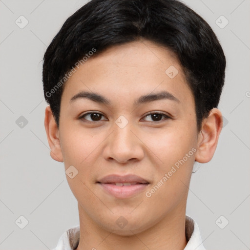 Joyful asian young-adult female with short  brown hair and brown eyes