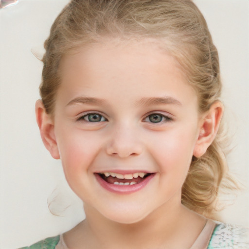 Joyful white child female with medium  brown hair and blue eyes