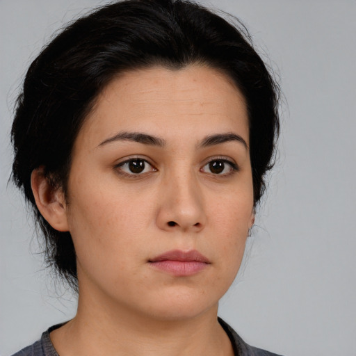 Neutral asian young-adult female with medium  black hair and brown eyes