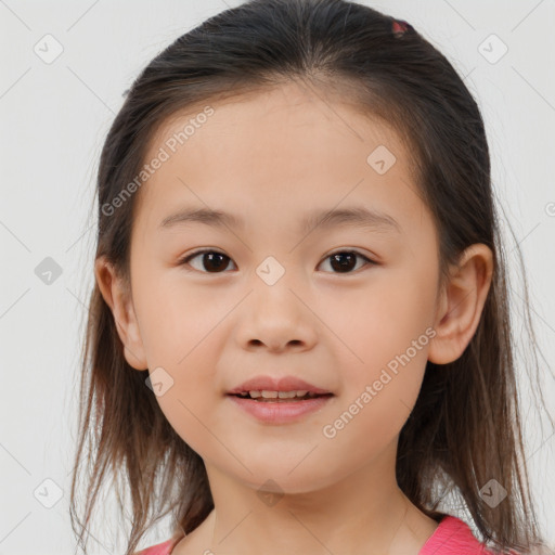 Joyful white child female with medium  brown hair and brown eyes