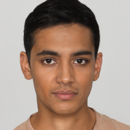 Neutral latino young-adult male with short  black hair and brown eyes